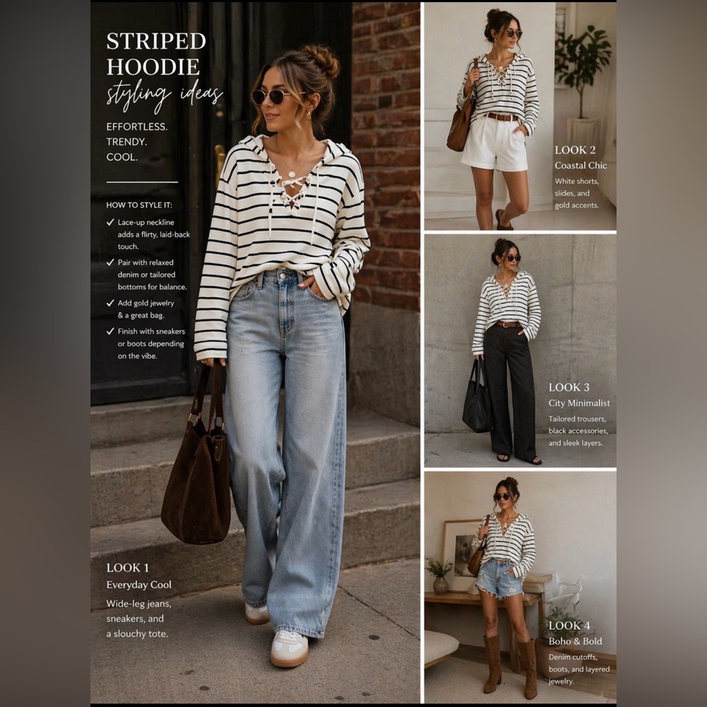 Striped Lace-Up Hoodie Top in White and Black - Women's Casual Pullover